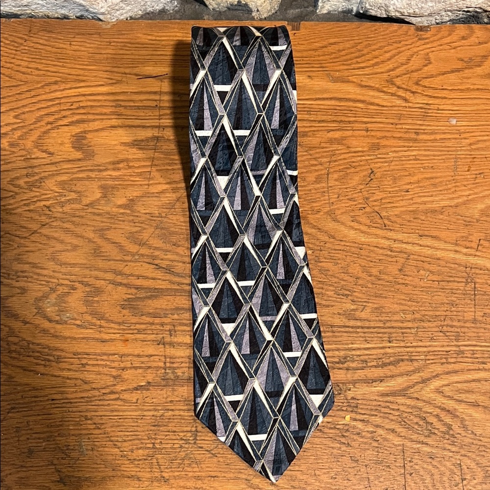 Gianfranco Ruffini Italy Black,Teal,Blue, Gray, Gold Geometric Men's Silk Tie